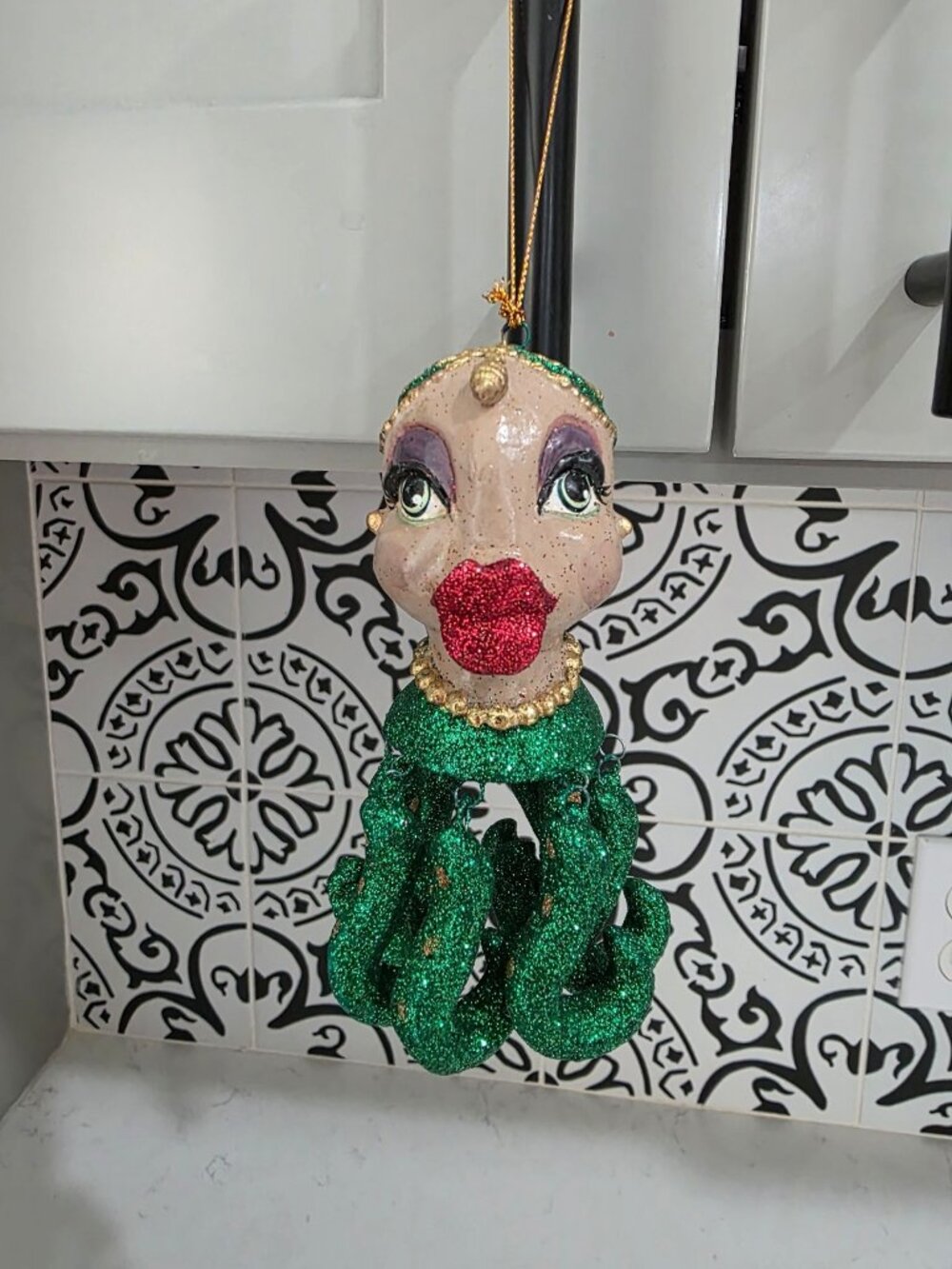 Katherine's Collection Kissing Green Glittering Octopus Glass Ornament Christmas